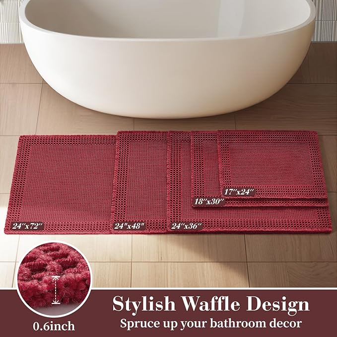 RESARE Waffle Bathroom Runner Rugs, Super Absorbent Bath Mat Non Slip Washable Quick Dry, Upgraded Ultra Soft Boho Bath Rugs with Tassels for Hallway Bedroom Laundry Room, 2'x6'(24"x72"), Red