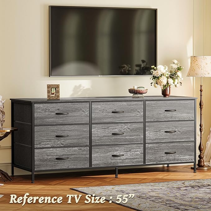 Huuger Long Dresser for Bedroom, 55 Inch TV Stand for 55, 60 Inch TV, Entertainment Center with Drawers, Large Storage Fabric 9 Drawer Dresser, Closet, Grey