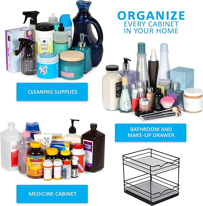 Pull Out Cabinet Organizer for Spices, Cans - Heavy Duty with Lifetime Limited Warranty- Pull Out Spice Rack- Cabinet Pull Out Shelf for Cans,Dishes, Etc, 8-1/2"Wx10-3/8"Dx8-7/8"H, Black