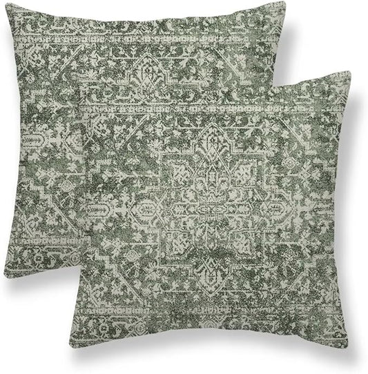 Sage Green Boho Pillow Covers 18x18 Set of 2, Bohemian Carpet Pattern Decorative Throw Pillows Ethnic Vintage Farmhouse Pillow Cases Linen Gifts for Couch Sofa Outdoor Decor