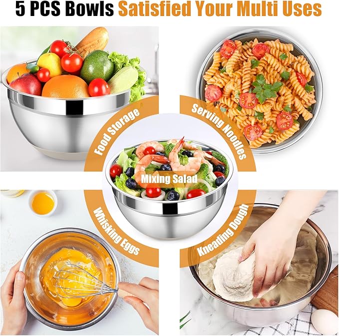 P&P CHEF Mixing Bowl with Lid Set, 5 Piece Stainless Steel Mixing Nesting Bowls for Salad Storage, 3 Grater Attachments & Non-Slip Bottoms, Size 1/1.5/2 / 2.6/4.6 QT, Khaki