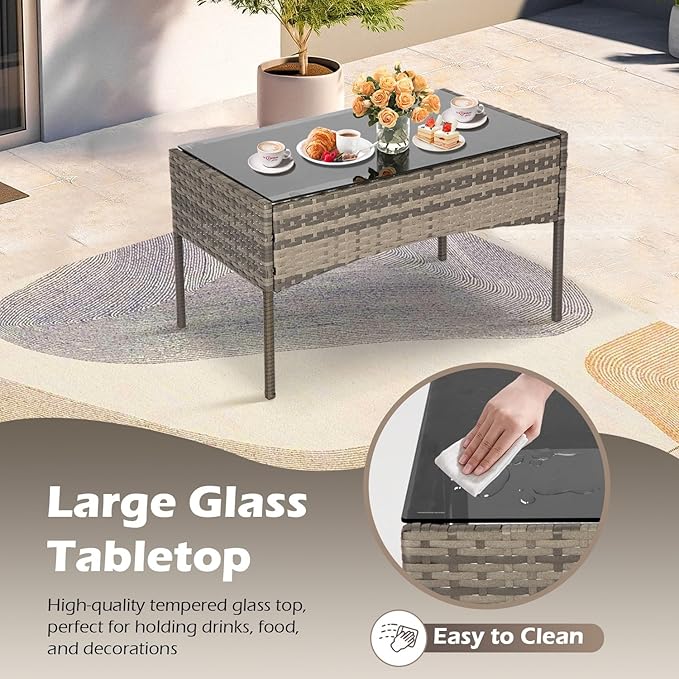 FDW | 4-Piece Patio Furniture Set | Gray & Khakhi | Outdoor Wicker Furniture with Coffee Table | Modern Rattan Chairs Conversation Set | Outdoor Seating | Weather-Resistant | for Porch, Garden, Lawn