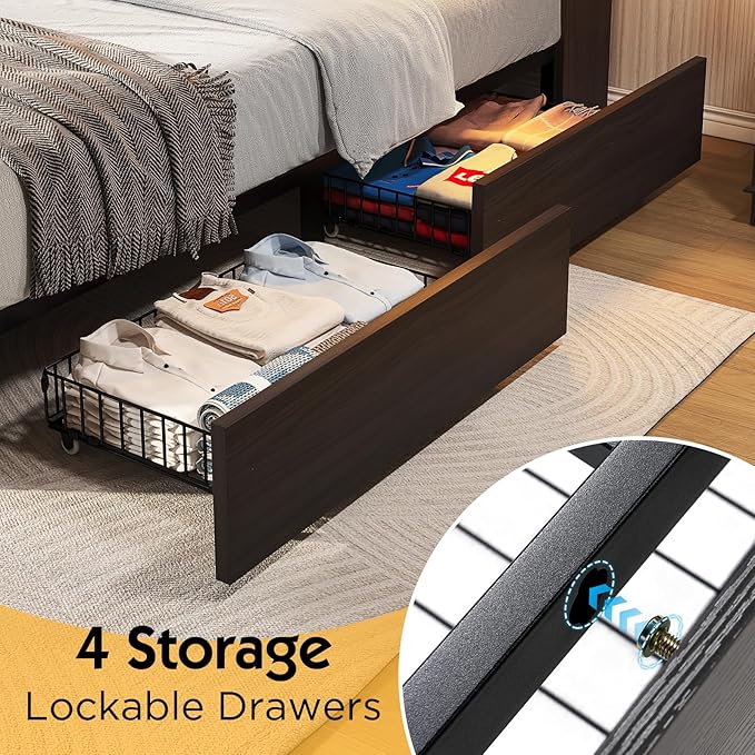 Full Farmhouse Bed Frame with Bookcase Headboard and 4 Drawers, LED Storage Bed with Charging Station & Linen Upholstered, No Box Spring Needed, Black