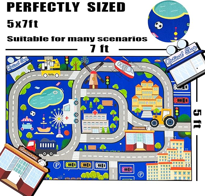 Car Mat for Kids Toy Cars - Car Track Rug Car Carpet for Kids Play Mat City Life Road Carpet for Playroom Living Room Bedroom Classroom, 3'×5'