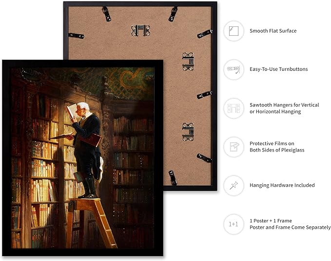 Poster Master Vintage The Bookworm Painting Poster - Retro Reading Book Print - Library Art - Book Lover Art - Book Art - Librarian Art - Great Living Room or Office Decor, 11x14 Black Framed