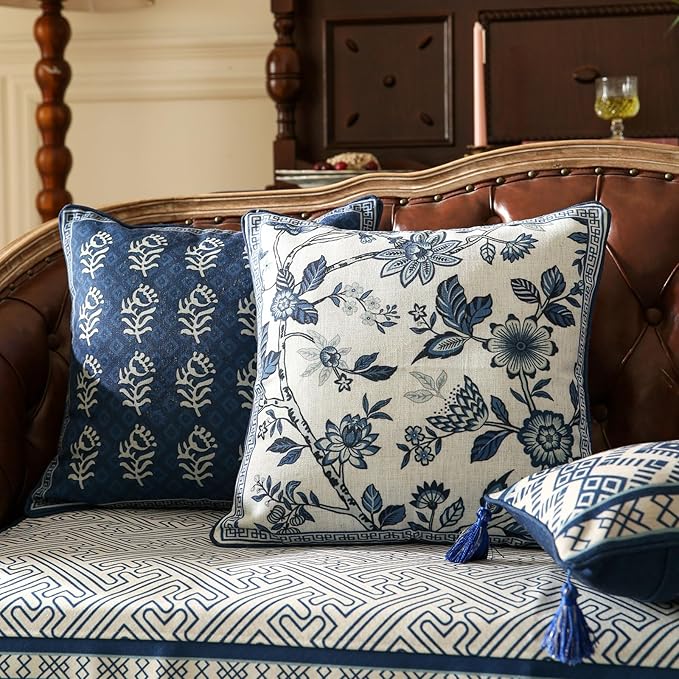 Porcelain Throw Pillow Covers Set of 4,Classic Chinoiserie Blue and White with Floral and Birds Pattern Linen Throw Pillowcases,Decorative Lumbar Square Cushion Covers for Couch Bed Car