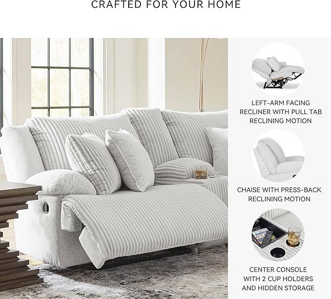 Signature Design by Ashley Top Tier Casual L-Shaped 3-Piece Reclining Sectional Sofa with Chaise, Console Storage and 4 Accent Pillows, White
