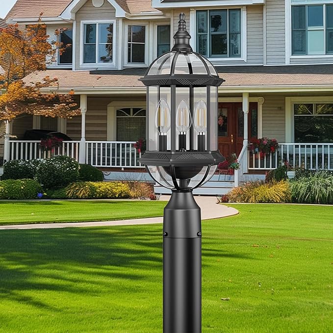 Large Outdoor Post Lights,19.21" 3-Light Lamp Post Light Fixture,Hardwired 120V Exterior Waterproof Pole Lighting,Modern Black Aluminum Lantern for Garden, Yard, Patio, Pathway