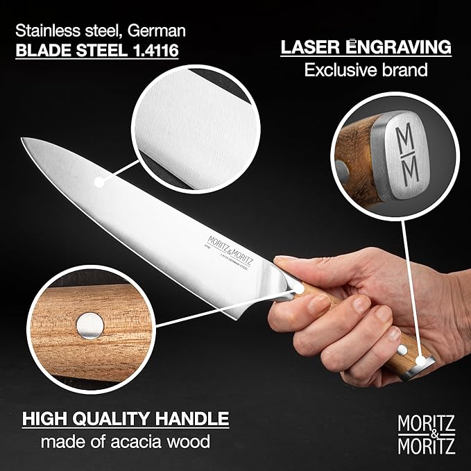 Moritz & Moritz 8-Inch Chef’s Knife, German Stainless Steel Kitchen Knife with Acacia Wood Handle, Professional All-Purpose knives for Slicing, Chopping & Dicing, Razor Sharp & Ergonomic