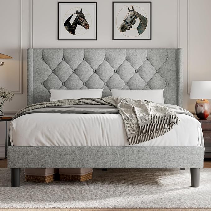 iPormis Queen Size Platform Bed Frame with Button Tufted Headboard, Upholstered Bed Frame with Solid Wooden Slats, 8" Underbed Space, No Box Spring Needed, Noise Free, Easy Assembly, Light Gray