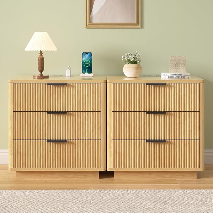 HOMMPA 24'' Fluted Nightstand with Charging Station Set of 2, Modern Bedside Table with Storage, 3 Drawer End Table, Wooden Bedside End Table for Bedroom, Living Room, Curved Profile Design