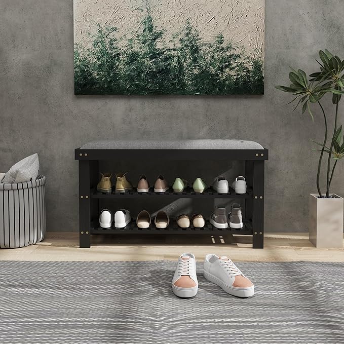 HOMCOM Bamboo Shoe Bench, 3-Tier Entryway Bench with Storage and Cushion, Shoe Organizer for Entryway, Hallway, Holds Up to 331 lbs, 35.4 x 11.4 x 19.3 Inches, Black