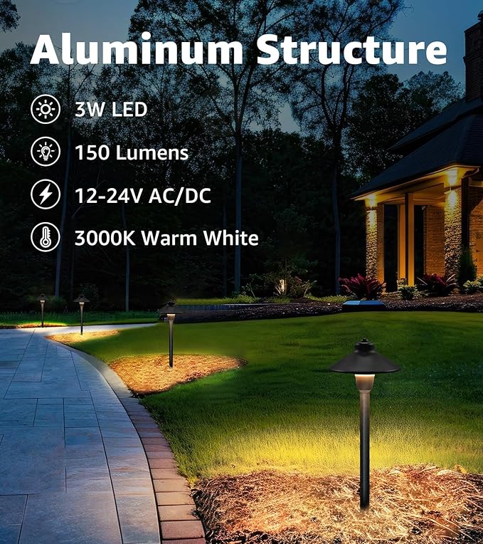 SUNVIE Low Voltage Pathway Lights LED Landscape Lighting 3000K Waterproof Landscape Path Lights 3W Low Voltage Landscape Lighting for Walkway Yard ETL Listed Cord, 12 Pack