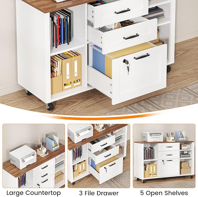 Semoic 3 Drawer Wood Lateral File Cabinet with Lock, Rolling Mobile Filing Cabinet with Open Storage Shelves, Printer Stand Office Storage Cabinet for Home Office Fits Files Legal/A4 Size, White