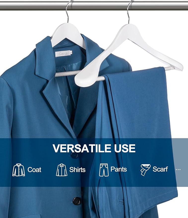 HOUSE DAY High-Grade Solid Wood Coat Hangers for Women, Wide Shoulder Wooden Hangers, Suit Hangers with Non Slip Pants Bar, Smooth Finish 360° Swivel Hook for Dress, Heavy Clothes Hangers 6 Pack White