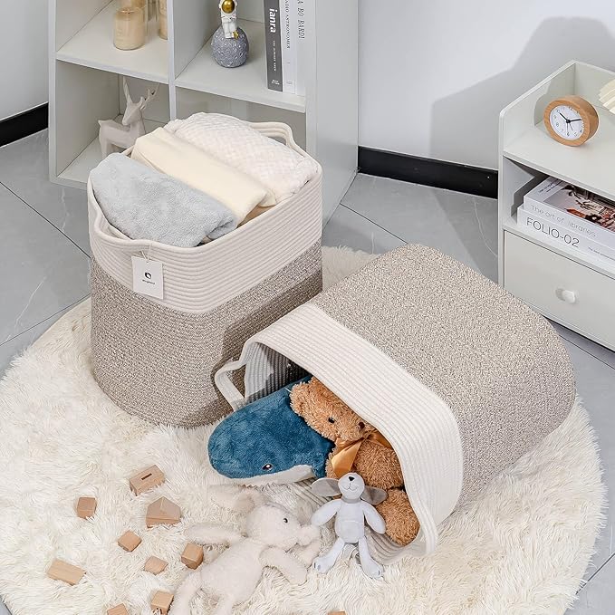 Tall Storage Baskets for Clothes Fabric Cotton Rope Storage Basket bin with Handles, Decorative Woven Basket for Living Room,Closet Organizer Blankets, and 2bags Brown 17.8×W12.5×H17.9)