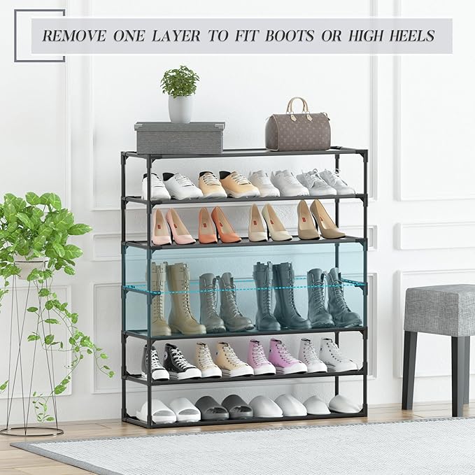 TY ARTS & CULTURE 2 Pack 7-Tiers Shoe Rack Organizer, Sturdy Metal Pipes & Durable Non-Woven Fabric, Space Saving Tall Shoe Shelf Hold 56-70 Pairs, Shoe Rack for Entryway (Black)