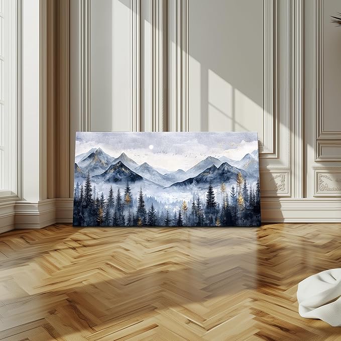 SERIMINO Mountain Landscape Large Wall Art, Misty Forest Canvas Prints, Blue Gold Watercolor Pine Tree Paintings Wall Decor Living Room Bedroom, Natural Scenery Office Decor Pictures 20"X40"