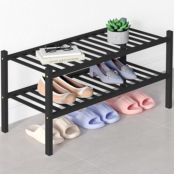 Smiry Bamboo Shoe Rack for Closet, 2 Tier Wooden Stackable Shoe Organizer, Free Standing Shoes Storage Shelf for Entryway, Front Door Entrance, Black