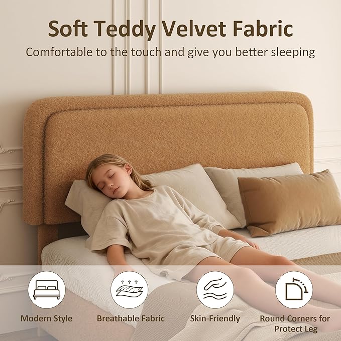 Queen Bed Frame, Teddy Velvet Boucle Bed Frame with 43.3"/45.3" Adjustable Upholstered Headboard, Rounded Corners, Mattress Foundation, No Box Spring Required, Brown