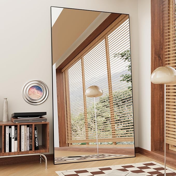 FANYUSHOW Full Length Mirror with Stand, 76"x34" Aluminum Alloy Frame Floor Mirror, Shatter-Proof Glass Free Standing, Leaning Against Wall or Wall-Mounted, for Bedroom Living Room Dressing Room Black