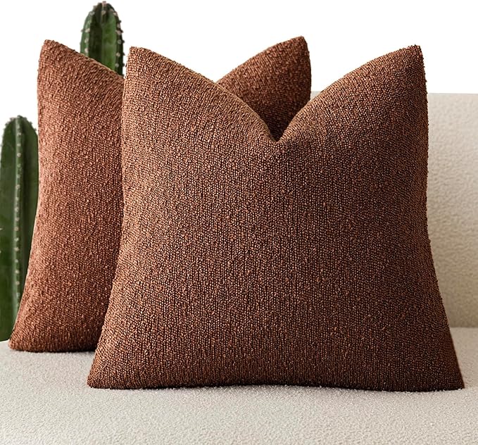 Foindtower Set of 2, Decorative Textured Boucle Throw Pillow Covers Accent Solid Pillow Cases Neutral Soft Cozy Couch Cushion Case for Chair Sofa Bedroom Living Room Home Decor 26x26 Inch Red Taupe