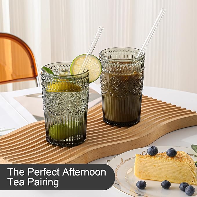 Vintage Glassware Drinking Glasses Set of 6,13 oz Grey Textured Flower Design Glass Water Tumblers，Embossed Striped Drinkware for Water,Cocktails,Juice,Iced Coffee