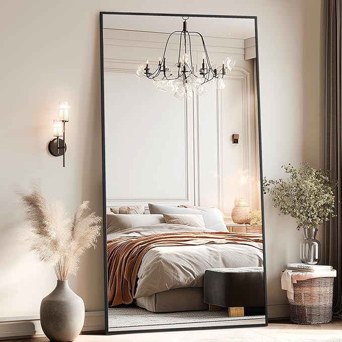 Antok Mirror Full Length, 71"x28" Big Floor Mirror, Oversized Full Body Mirrors with Stand for Bedroom, Living Room Cloakroom, Black, Rect Corner Style