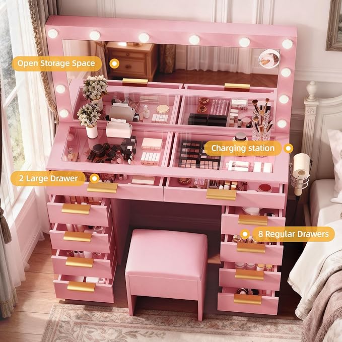 DWVO 46'' Glass Top Makeup Vanity with 10 Drawers, Vanity Desk Set with Large LED Mirror, Built-in Charging Station, Cushioned Storage Chair, 3-Color Light Modes