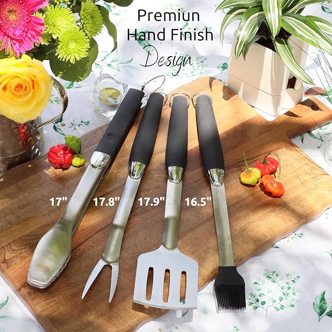 Premium Grill Utensils Set – 9-Piece BBQ Tool Kit with Extra-Long Stainless Steel Spatula, Fork, Tongs, Brush, Hooks & Cloth – Outdoor Grilling Set & Gift for BBQ Lovers