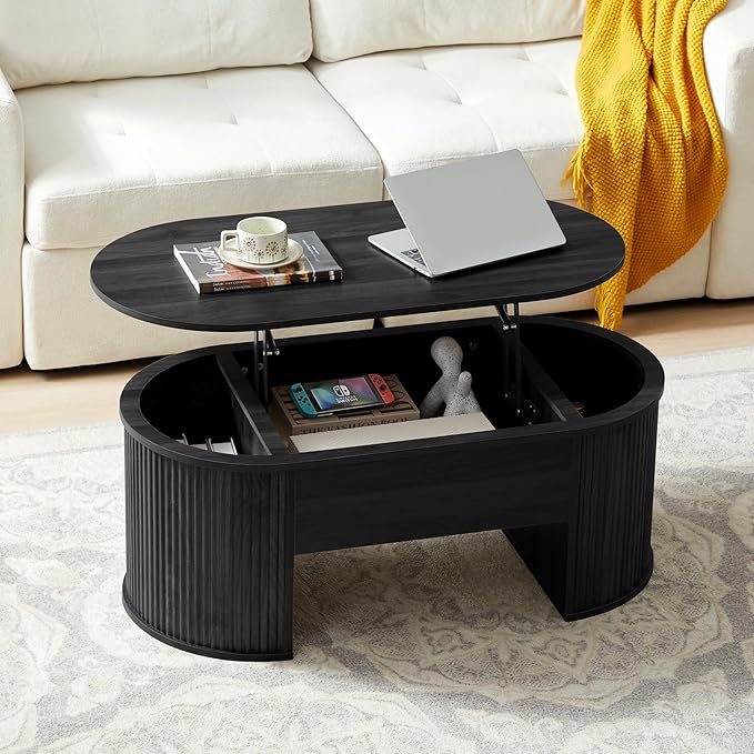 QHITTY Fluted Coffee Table with Lifting Top, Oval Wood Lift Top Coffee Table with Hidden Compartment, Mid Century Pull up Center Tables for Living Room, Office - Black