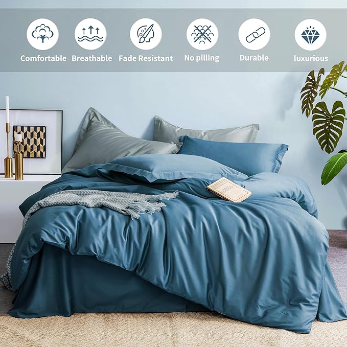 MILDLY 100% Long-Staple Cotton Duvet Cover Set Queen Size Teal Blue Comforter Cover Sets Ultra Soft Bedding Set 3 PCS with Zipper Closure & Corner Tie (No Comforter)