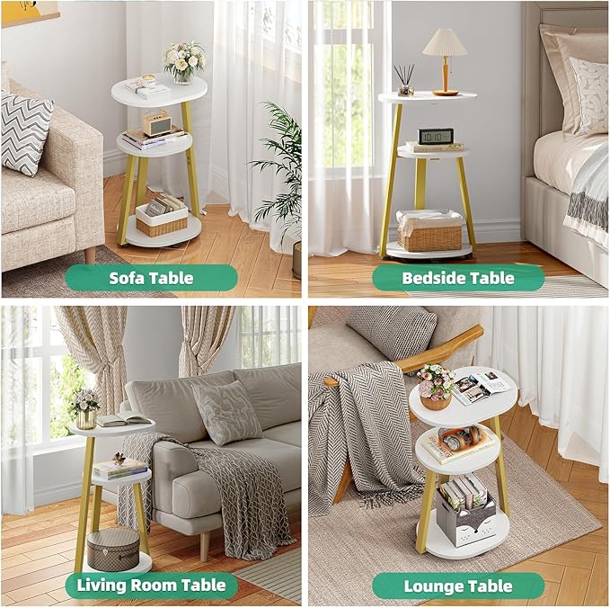 Side Table, Small End Table with Metal Frame, 3-Tier Bedside Tables, Round Side Tables for Living Room Bedroom Couch Bathroom, Oval, White