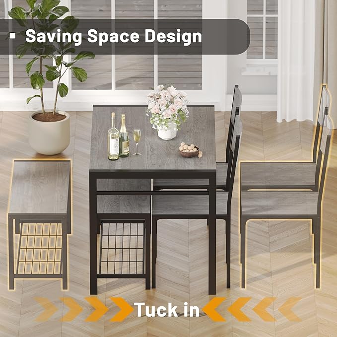 JUMMICO 43.3" Dining Table Set for 4, Kitchen Table with Bench & 2 Chairs Modern Rectangular Metal Frame Dining Furniture Set for Small Space (Grey)