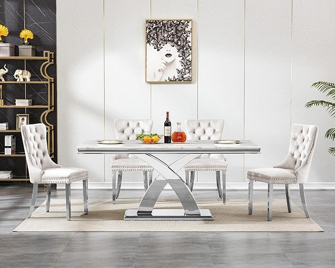 Goujxcy 5-Piece Dining Table Set Modern Faux Marble Dining Table Set for 4, Luxury 68" Long Faux Marble Kitchen Table with 4 Velvet Upholstered Chairs, Mirrored Stainless Steel Base