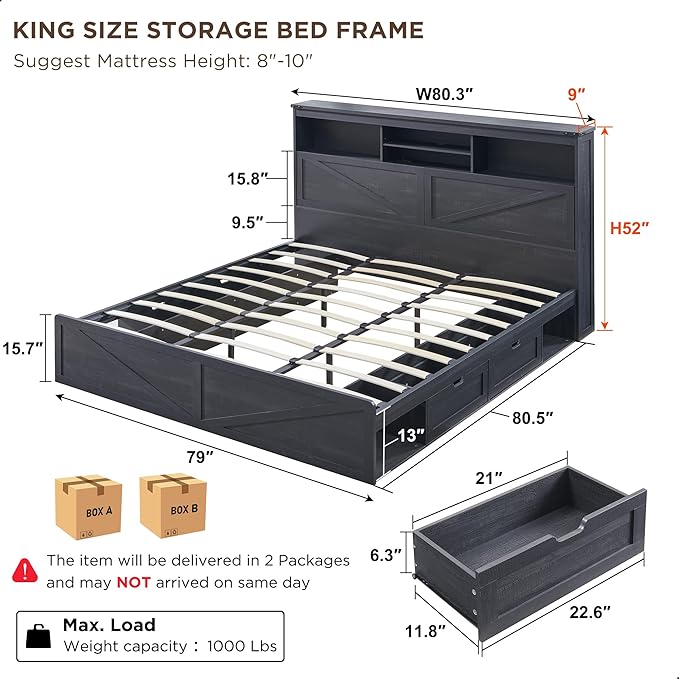 ACCOHOHO Farmhouse King Size Bed Frame with 52" High Storage Bookcase Headboard and 4 Drawers,Wooden Bed Frame with LED Light and Charging Station,Black