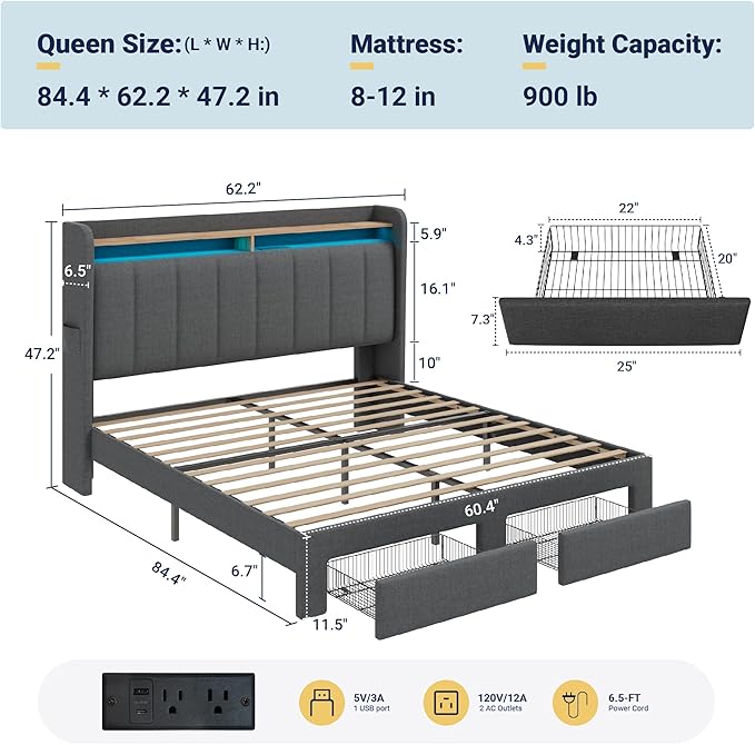 Allewie Vertical Tufted Queen Upholstered Platform Bed Frame with 2-Tier LED Storage Headboard & 2 Storage Drawers, USB & Type-C Charging Ports, Noise-Free/No Box Spring Needed, Dark Grey