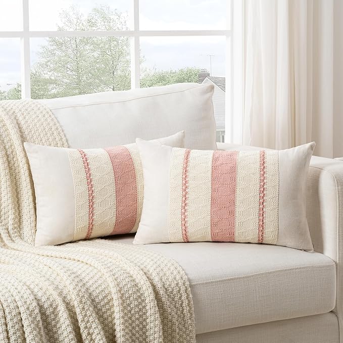 Fancy Homi Set of 2 Boho Pink Lumbar Decorative Throw Pillow Cover 12x20 Inch for Couch Bed Sofa Chair, Modern Organic Farmhouse Home Decor, Soft Cotton Cute Accent Rectangle Cushion Case