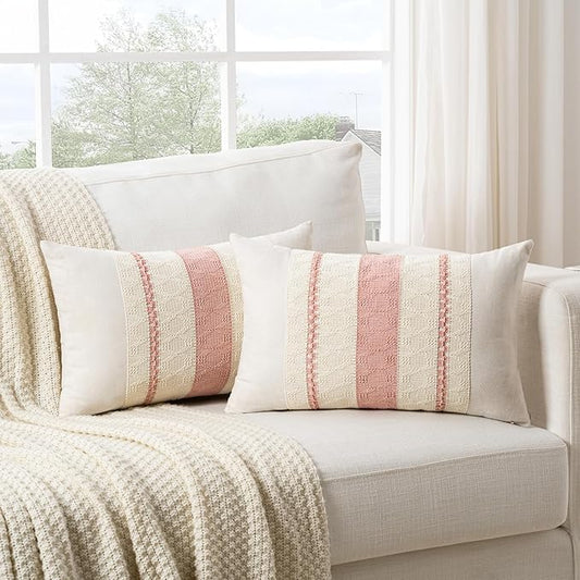 Fancy Homi Set of 2 Boho Pink Long Lumbar Decorative Throw Pillow Cover 12x24 Inch for Couch Bed Sofa Chair, Modern Organic Farmhouse Home Decor, Soft Cotton Cute Accent Rectangle Cushion Case