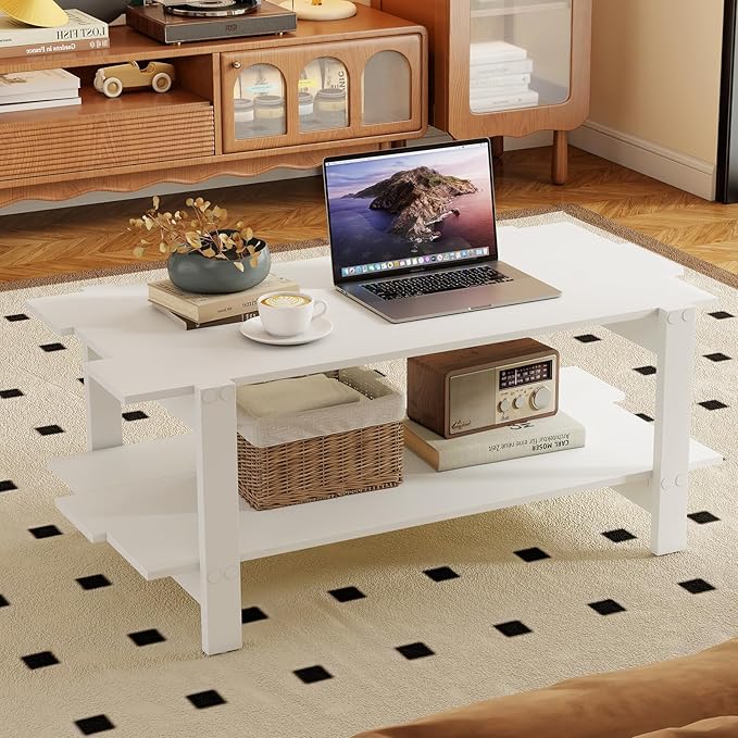 GOFLAME Wood Coffee Table with Storage, 2-Tier Irregular Center Table with Open Storage Shelf, Modern Accent Tea Table for Living Room, Home Office, Reception Room (White)