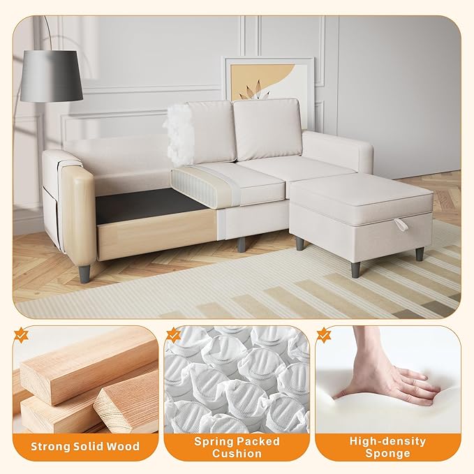 Sectional Sofa Couches for Living Room - 78'' Beige 3 Seat L-Shaped Couch with Storage Ottoman, Modern Linen Convertible Sectionals Sofas with Chaise for Apartment, Office, Small Space