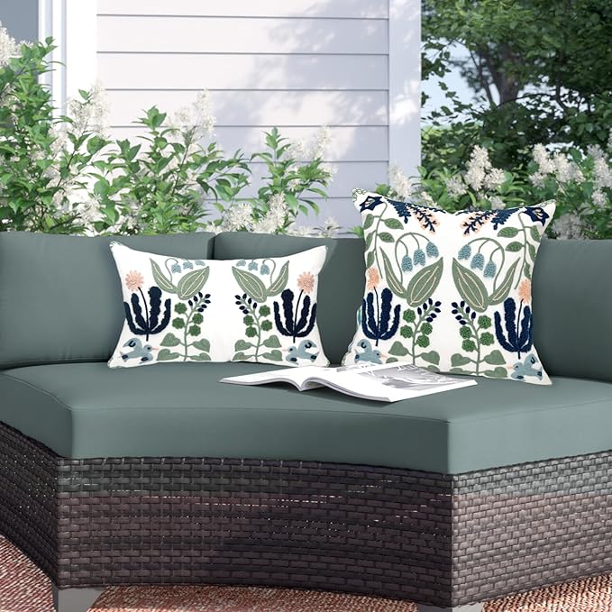 Alysheer Floral Embroidered Summer Lumbar Decorative Throw Pillow Cover 12"x 20", Farmhouse Cottage Navy Blue Green Flowers Leaves Patterned Cotton Canvas Cushion Case for Sofa Couch Bed Living Room