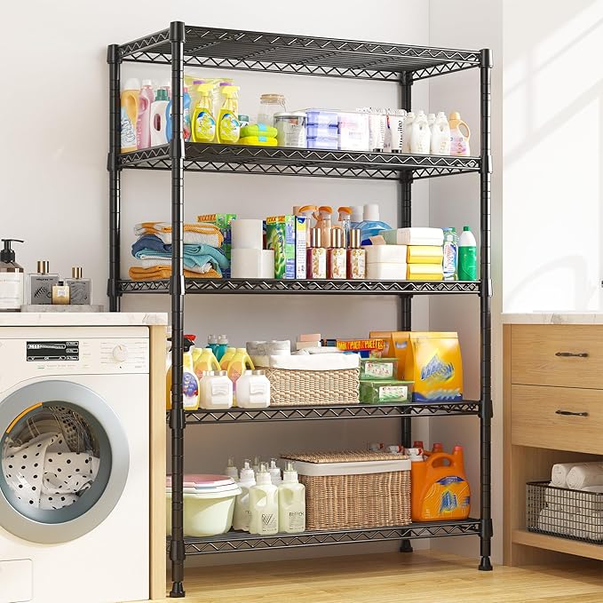 REIBII Storage Shelves, 5-Tire Wire Shelving Load 1000LBS Metal Shelves for Storage Adjustable Garage Shelving Unit Wire Shelf Rack Kitchen Storage Rack Pantry Shelves 31.5''W x 15.7'' D x 71''H