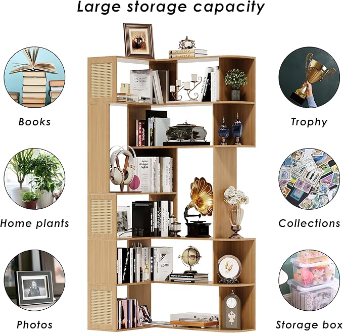 Corner Bookshelf 7-Tier,Farmhouse Corner Shelf,Tall Book Shelf L-Shaped Shelf Display Rack for Bedroom,Large Etagere Bookcase for Home Office Shelves(M-Walnut Wood)