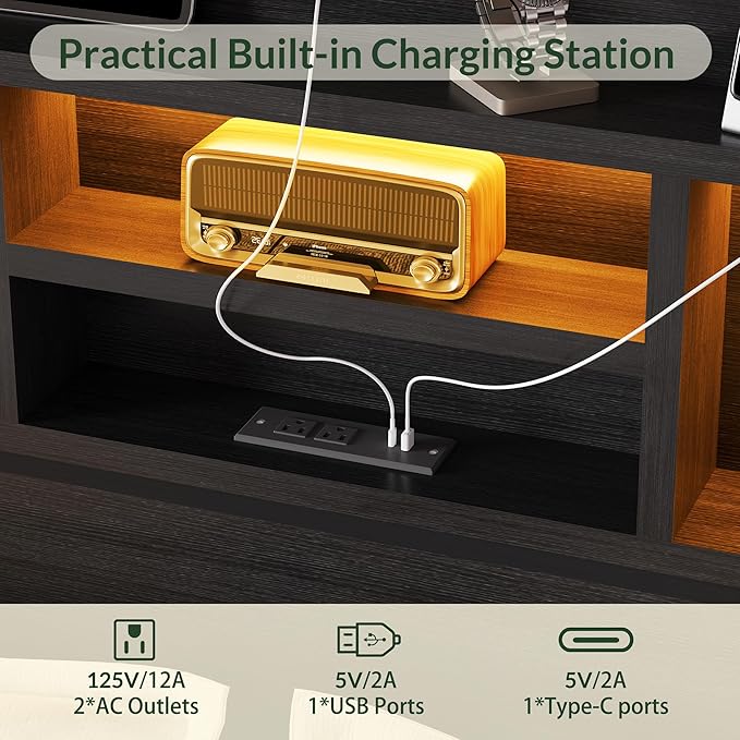 LARMACE King Size Bed Frame with 6 Storage Drawers and Headboard Wooden Platform Bed Frame with LED Lights and Charging Station Easy Assembly/No Box Spring Needed/Black