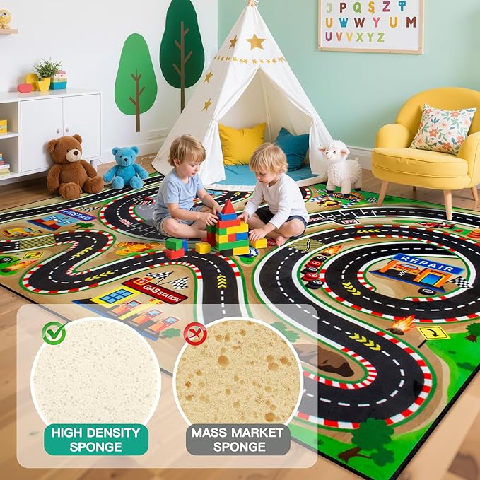 Kids Rug, Race Track Baby Play Mats, 3x5 Ft Kids Rug for Playroom,Extra Thick (0.4in) Realistic 3D Cascading Surround Route, Great for Playing with Cars and Toys, Non-Slip Car Carpet