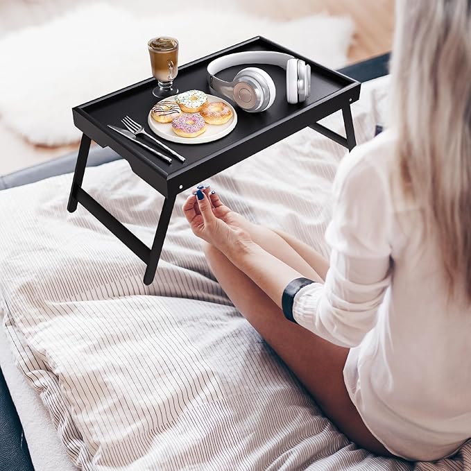 Bamboo Bed Tray Table with Foldable Legs Breakfast Tray, Lightweight Laptop Desk for Eating, Reading, Working in Bed or Sofa – Portable Lap Desk with Handles, Perfect for Home - Black