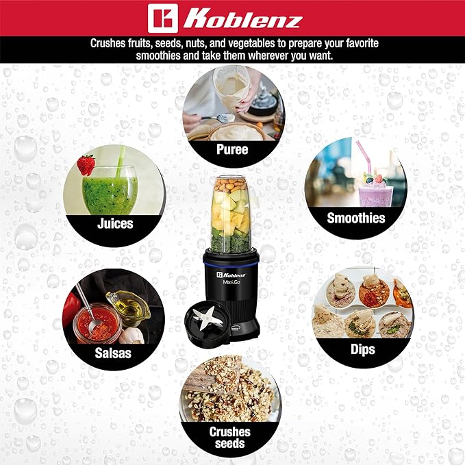Koblenz Mix&Go Personal Blender, Portable Size Blender for Shakes and Smoothies with Auto-Stop Function, 1000w Motor, Stainless Steel Blades, To-Go Cup, Easy to Clean, Black