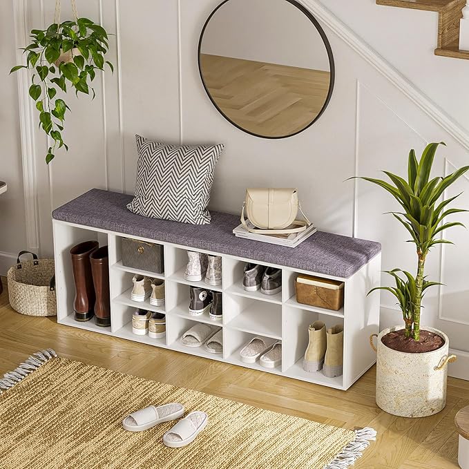 DINZI LVJ Shoe Storage Bench with Cushion, 15-Cubby Shoe Rack, Adjustable Shelves, Long Shoe Organizer Bench for Entryway, Mudroom, Hallway, Living Room, Bedroom and Garage, White