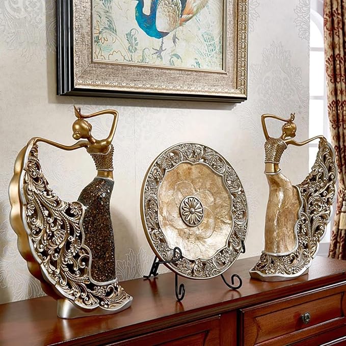 homary 3PCS Peacock Dancer Figurines Statue Vintage Romantic Resin Sculpture Set Decorative Ornaments for Office Desktop Bookshelf Decor, Gold